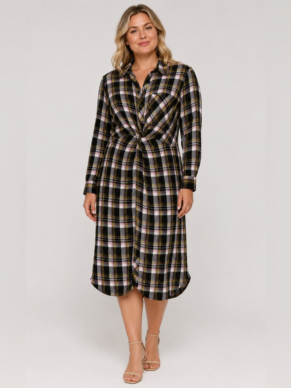 CASLON Twist Front Shirt Dress Adele Plaid Dress Midi Plus 1X Black Yellow